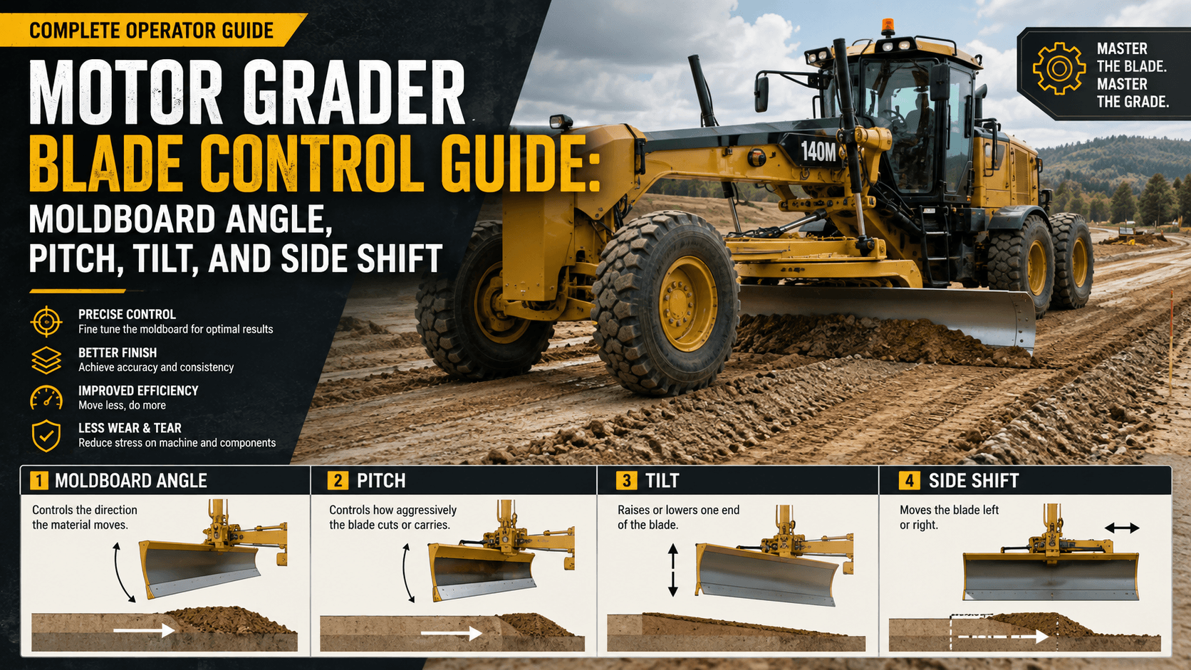 Motor Grader Blade Control Guide: Moldboard Angle, Pitch, Tilt, and Side Shift