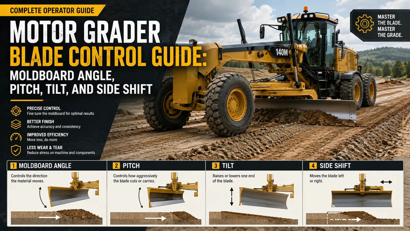 Motor Grader Blade Control Guide: Moldboard Angle, Pitch, Tilt, and Side Shift