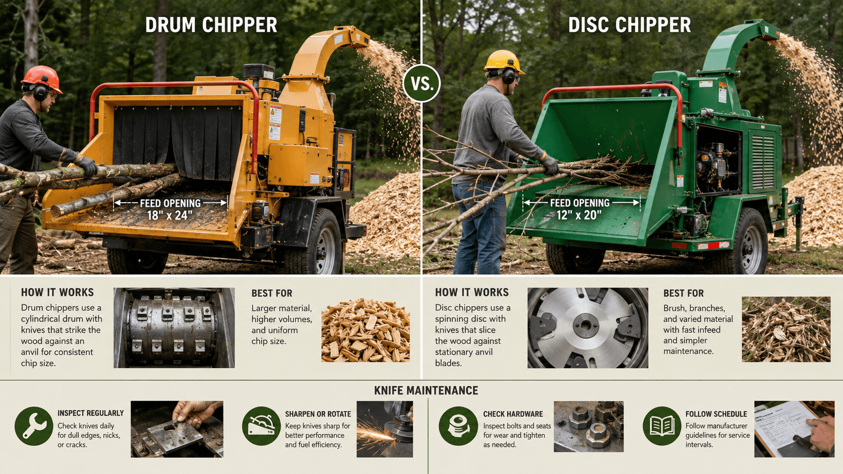 Wood Chipper Guide: Drum vs Disc Chippers, Feed Capacity, and Knife Maintenance