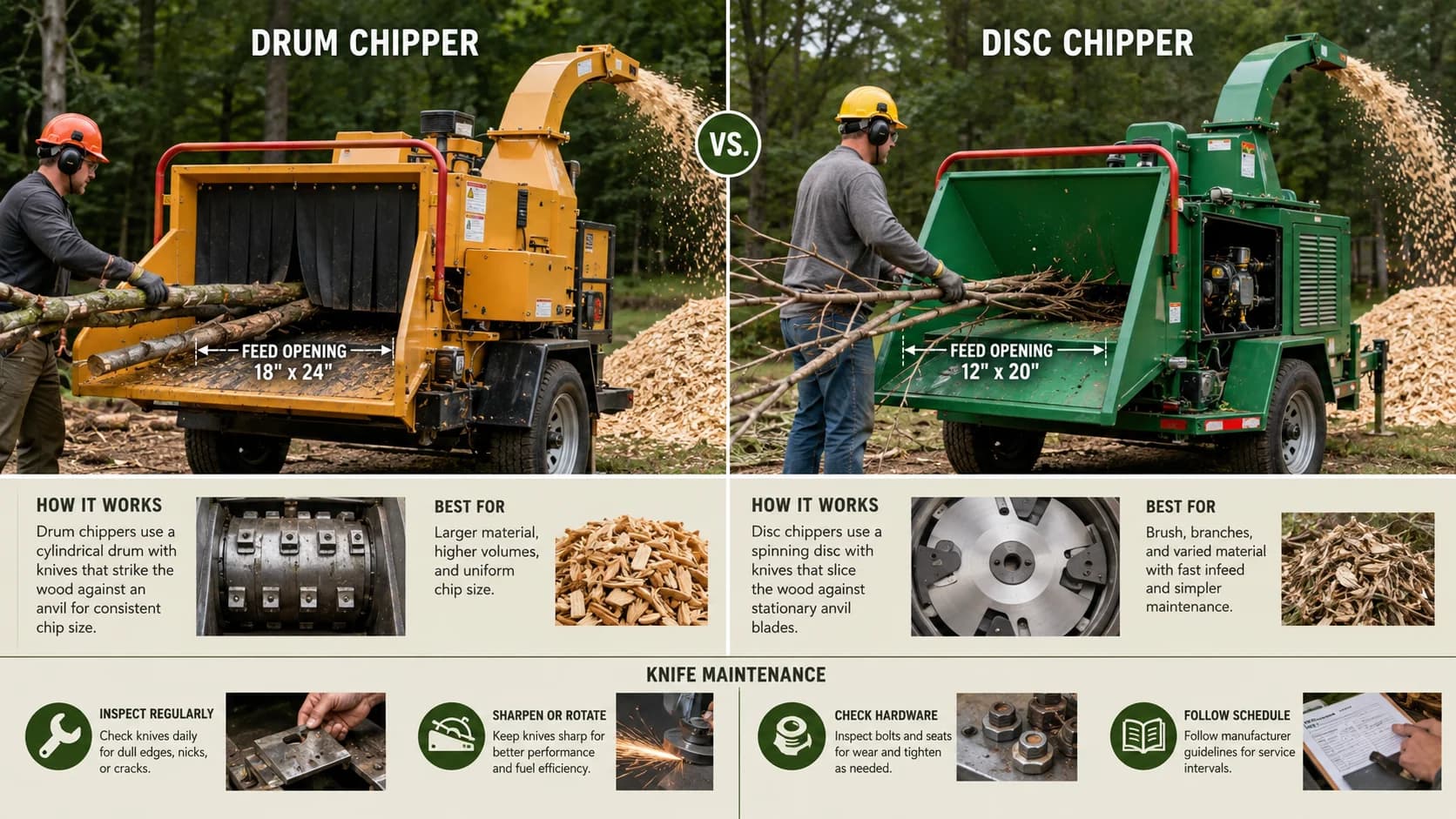 Wood Chipper Guide: Drum vs Disc Chippers, Feed Capacity, and Knife Maintenance