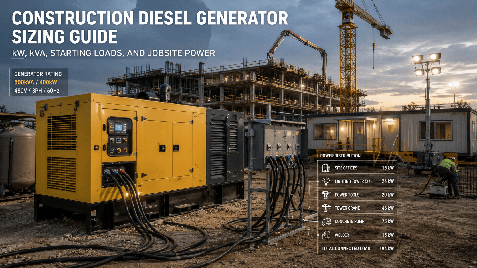 Construction Diesel Generator Sizing Guide: kW, kVA, Starting Loads, and Jobsite Power