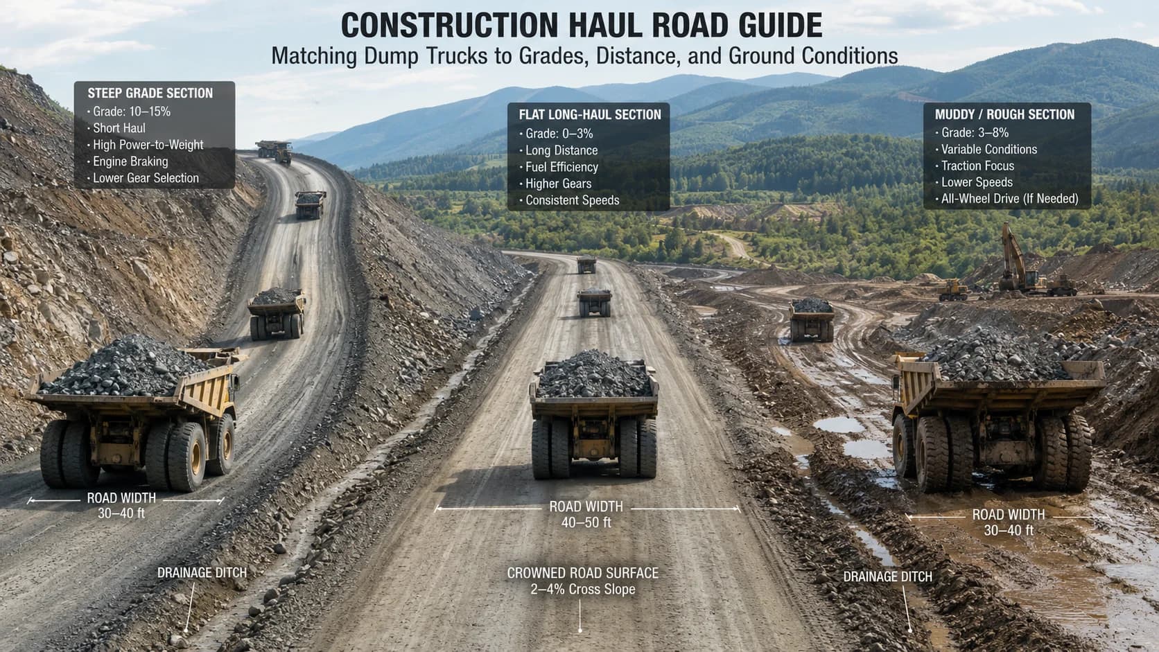 Construction Haul Road Guide: Matching Dump Trucks to Grades, Distance, and Ground Conditions