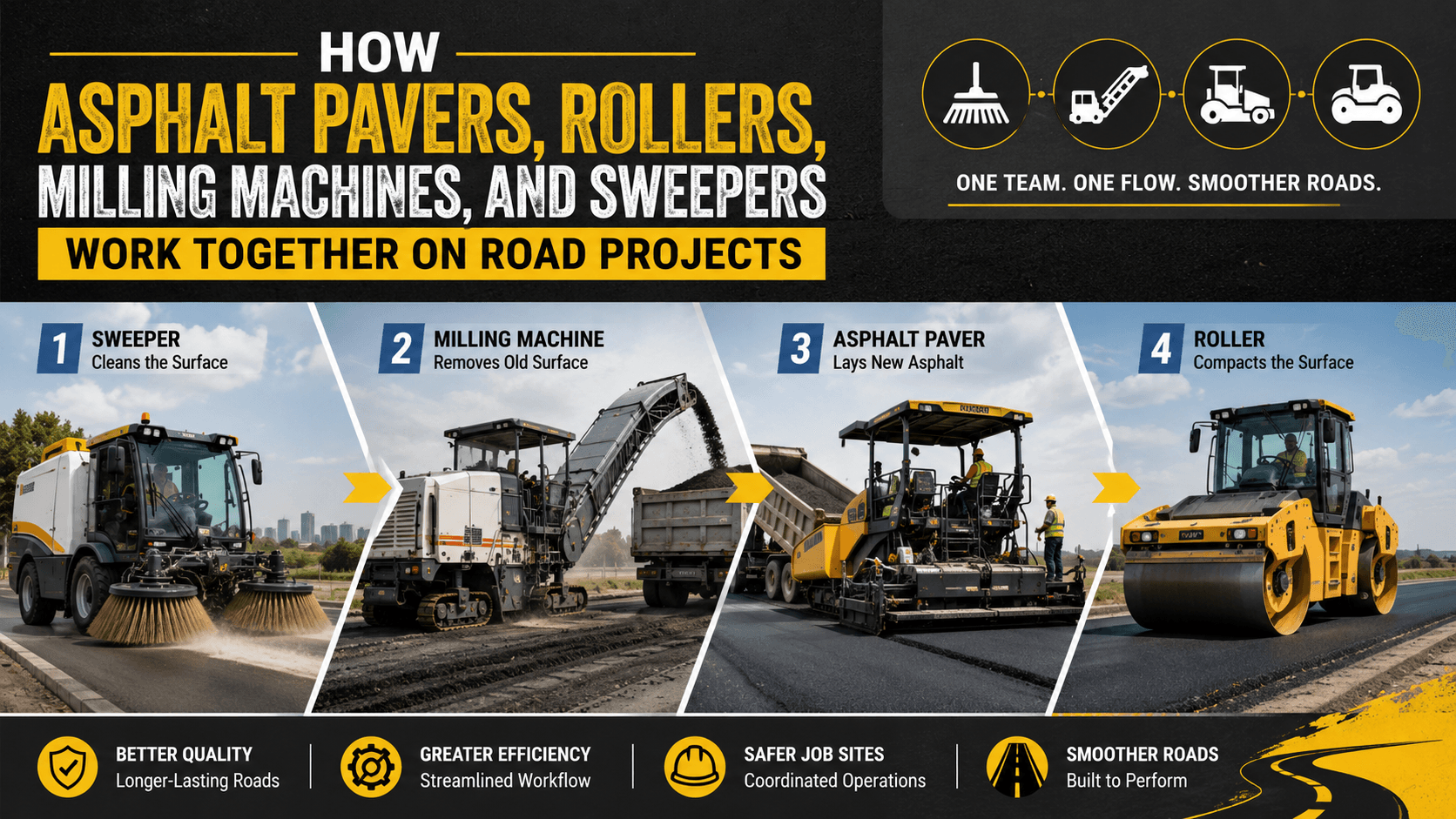 How Asphalt Pavers, Rollers, Milling Machines, and Sweepers Work Together on Road Projects