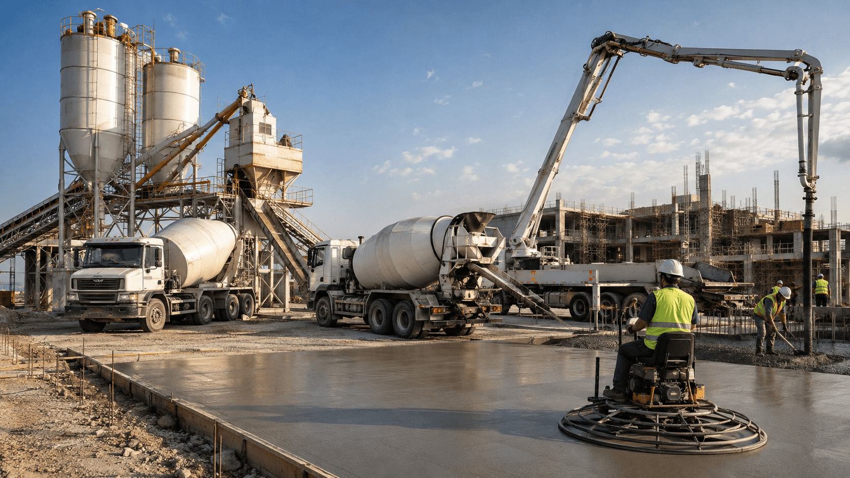 How Concrete Batching Plants, Mixer Trucks, Pumps, and Finishing Equipment Work Together