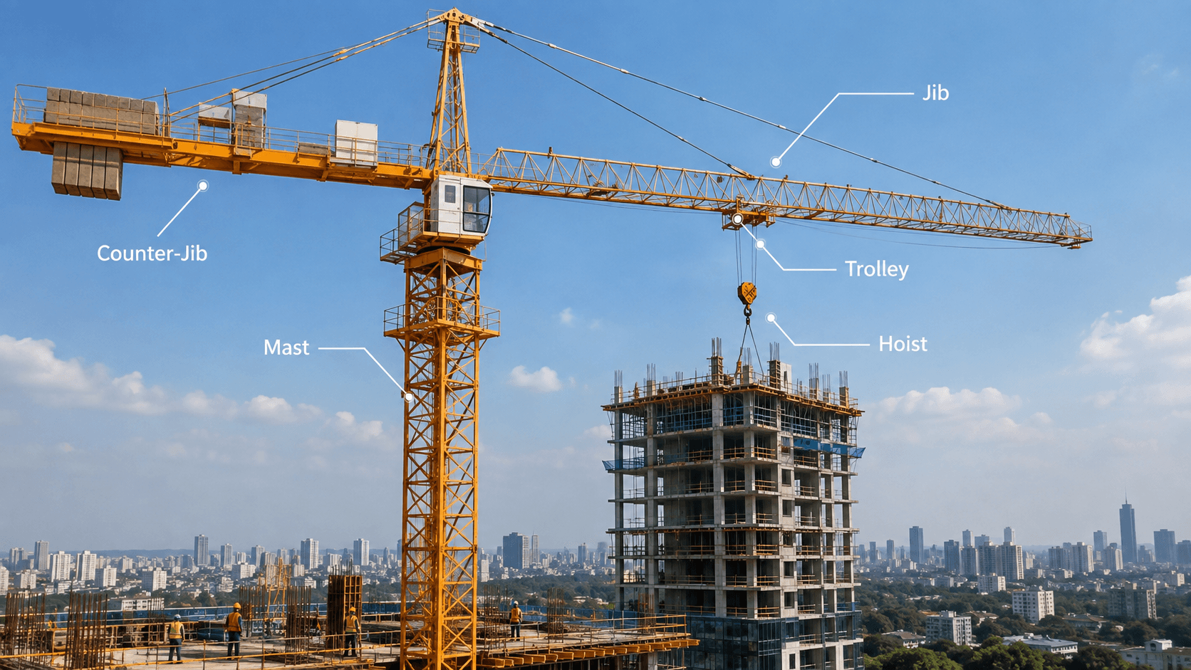 Tower Crane Complete Beginner Guide: Mast, Jib, Counter-Jib, Trolley, and Hoist Explained