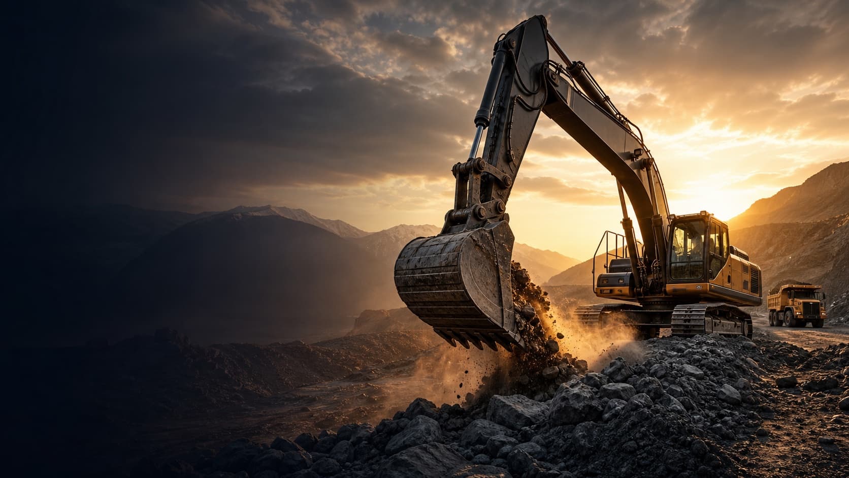 Excavator working on a dark rocky construction site