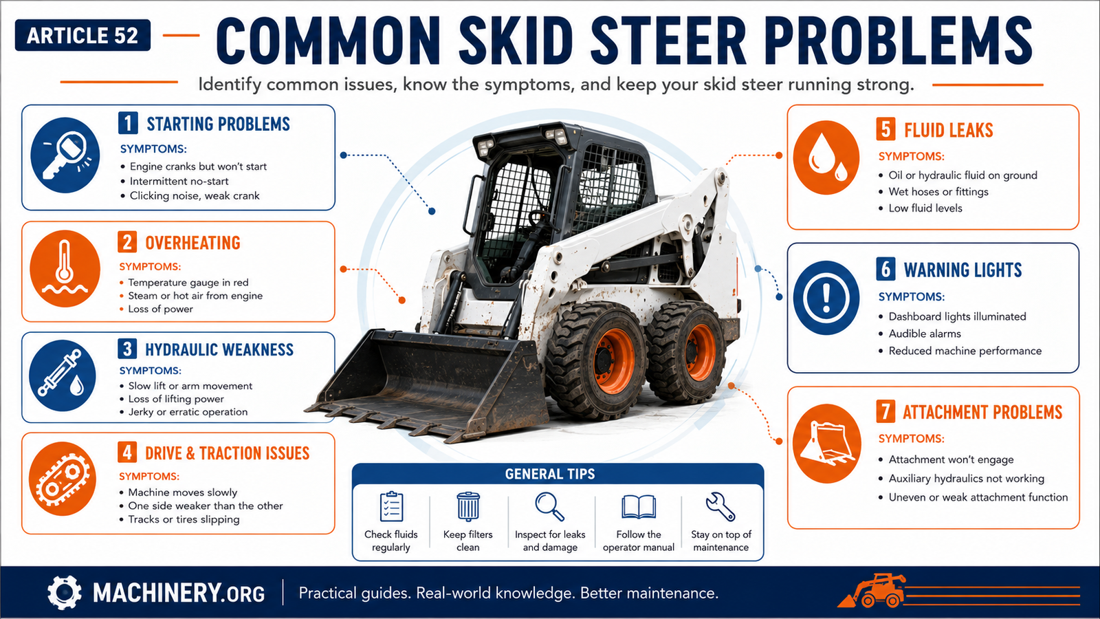 A 16:9 Machinery.org infographic identifying starting problems, overheating, hydraulic weakness, drive issues, leaks, warning lights, and attachment problems.