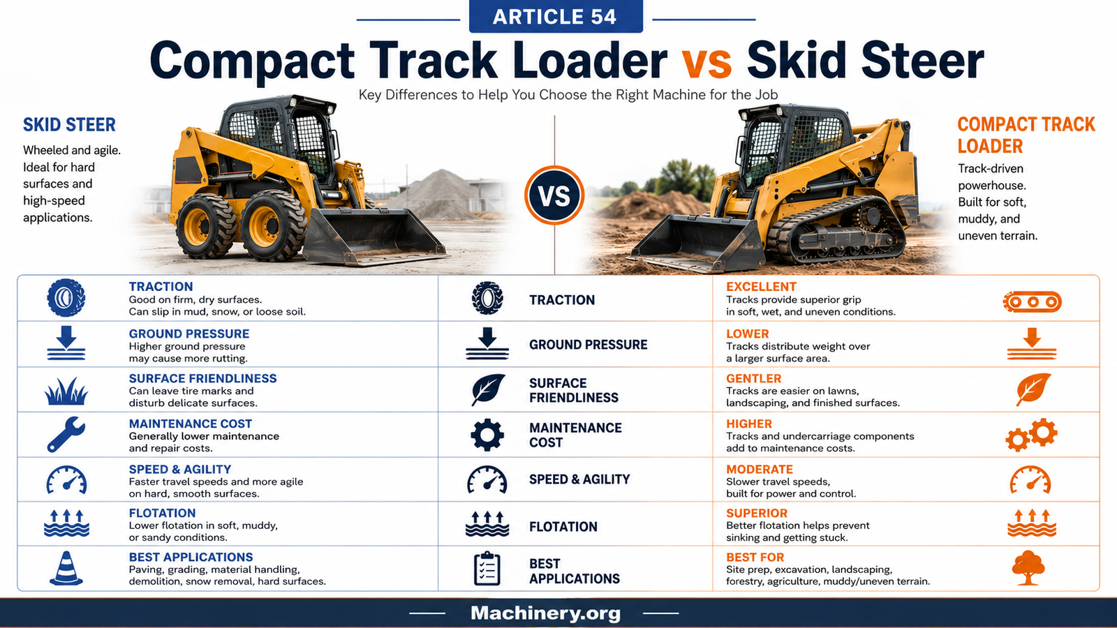 Compact track loader versus skid steer A 16:9 Machinery.org infographic comparing a wheeled skid steer with a compact track loader across traction, flotation, surface friendliness, speed, and maintenance.