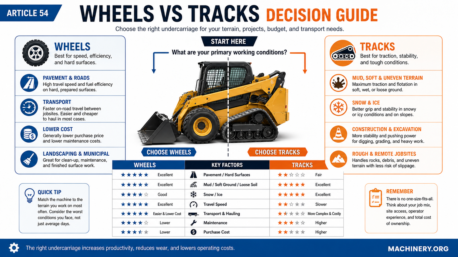 Wheels versus tracks decision guide A 16:9 Machinery.org decision guide comparing wheels and tracks for pavement, mud, snow, travel speed, hauling, maintenance, and purchase cost.