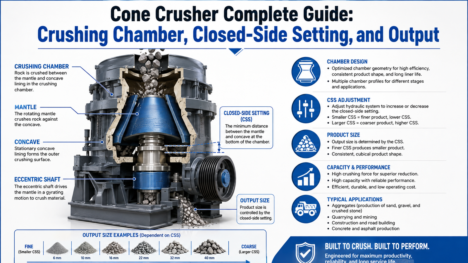 Infographic for 1. Cone Crusher Complete Guide: Crushing Chamber, Closed-Side Setting, and Output