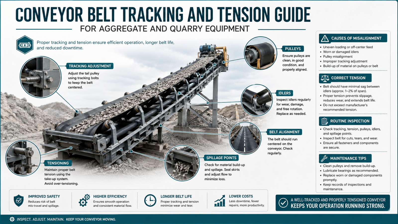Infographic for 6. Conveyor Belt Tracking and Tension Guide for Aggregate and Quarry Equipment