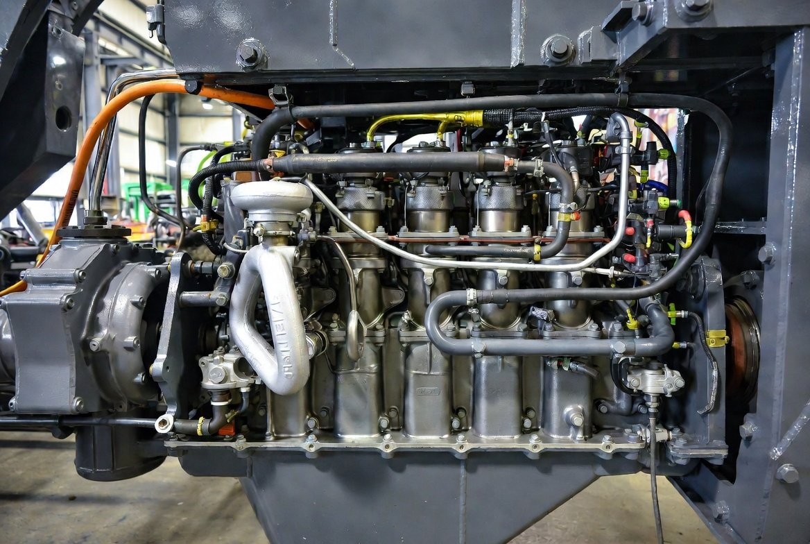 Detailed side view of diesel engine components