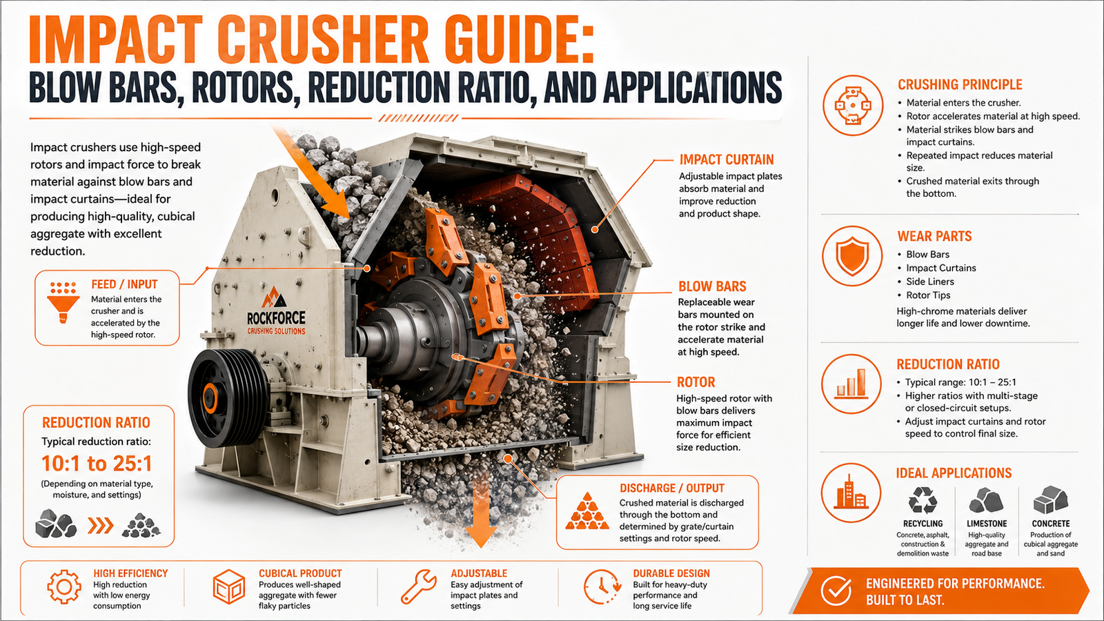 Infographic for 2. Impact Crusher Guide: Blow Bars, Rotors, Reduction Ratio, and Applications