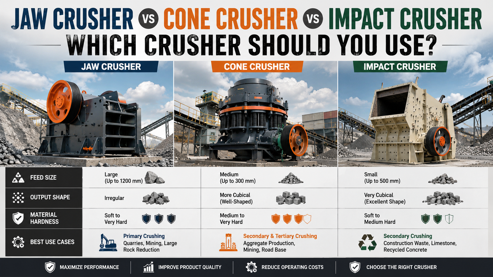 Jaw vs Cone vs Impact Crusher comparison illustration