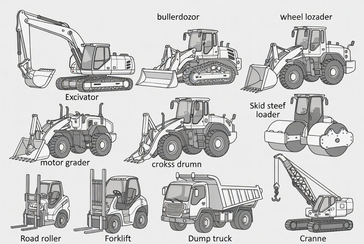 Illustration of common construction machines