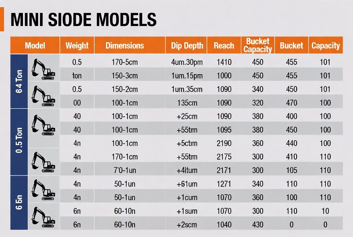 Mini excavator size models and specifications chart Mini excavator size models and specifications chart