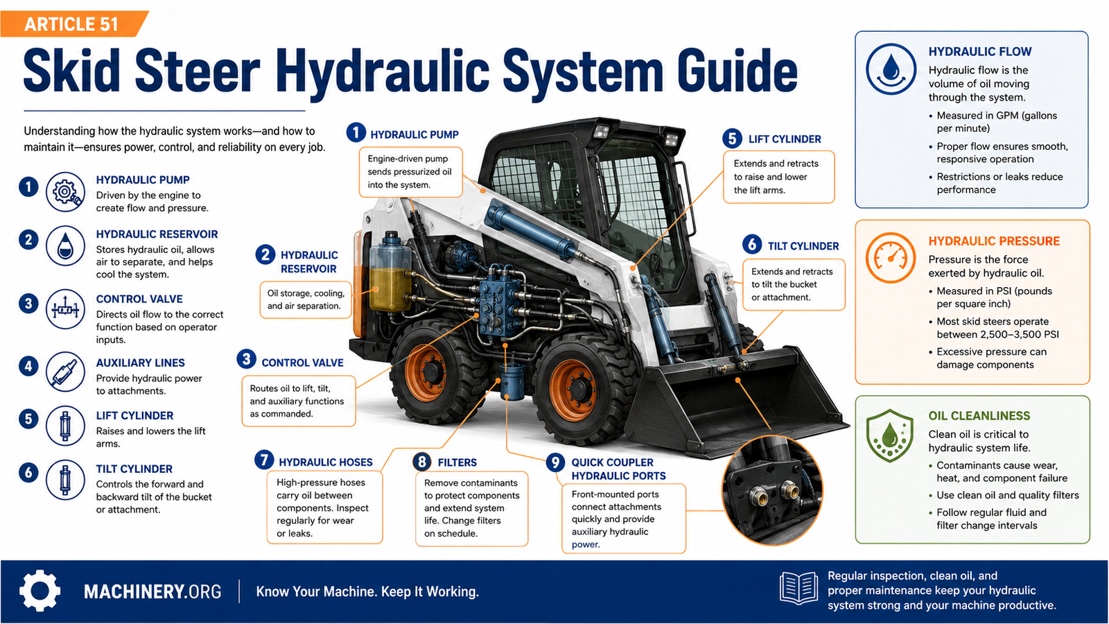 A 16:9 Machinery.org infographic showing a skid steer with labeled hydraulic pump, reservoir, control valve, lift and tilt cylinders, hoses, filters, and auxiliary couplers.