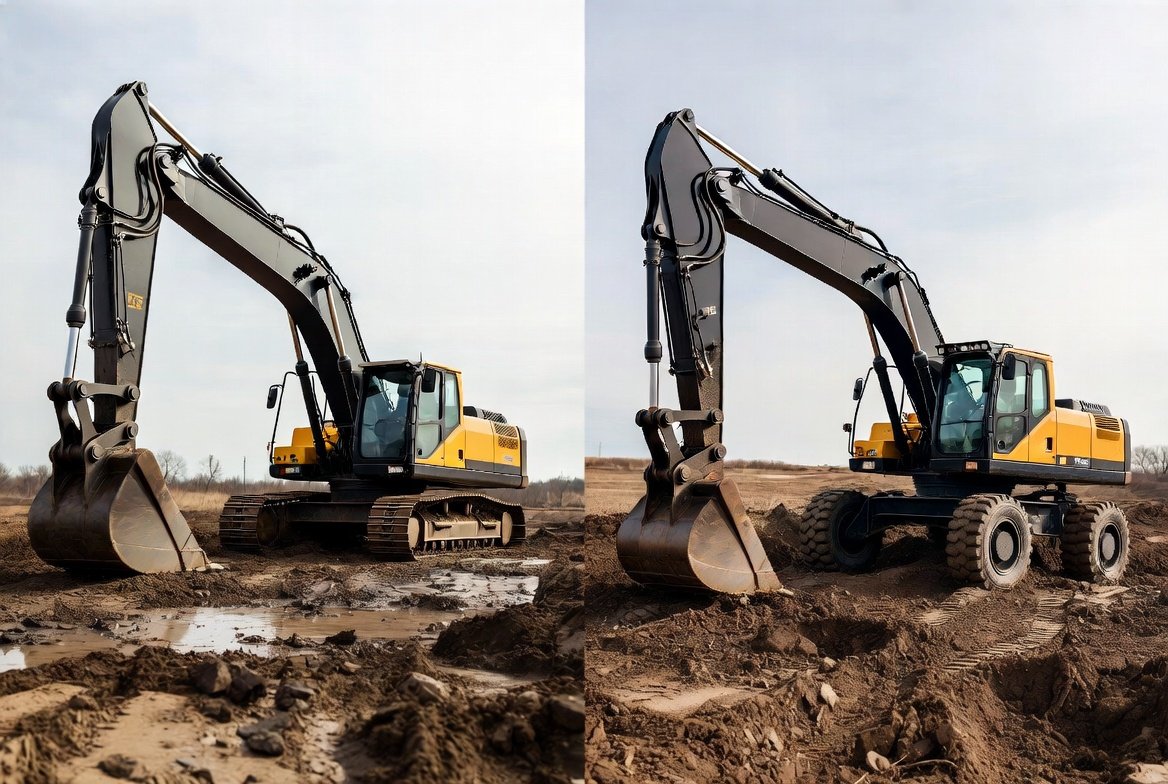 Comparison of tracked and wheeled excavators on site