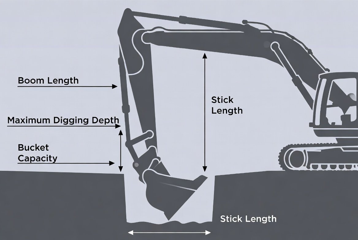 Technical diagram of excavator digging depth