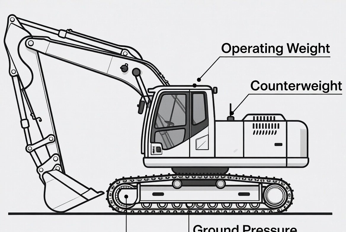 Excavator with operating weight and ground pressure labels