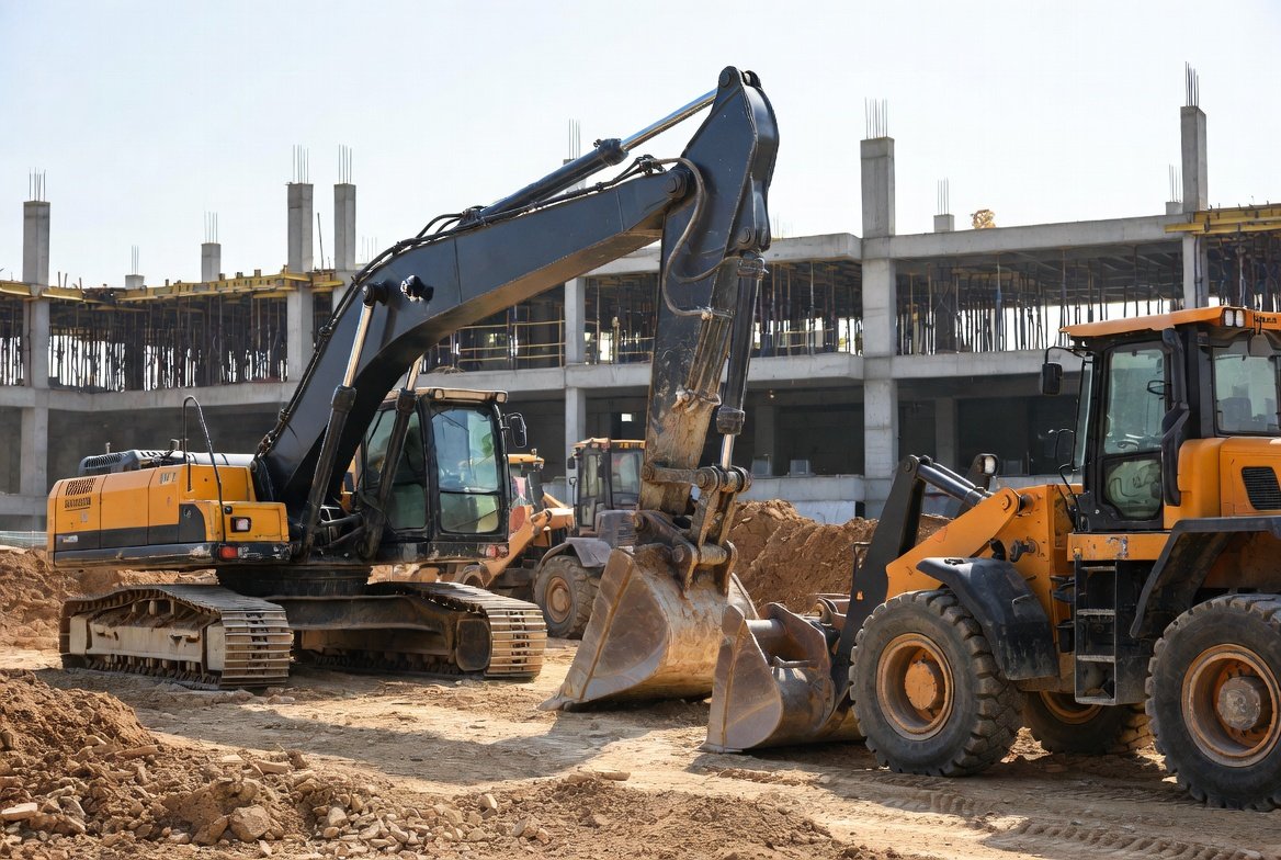 Heavy machinery at work Excavator and wheel loader on a construction site