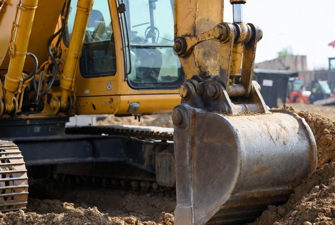 Hydraulics in action Close-up of excavator hydraulic cylinders and bucket