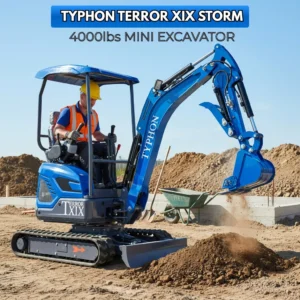 TYPHON TERROR XIX STORM Mini Excavator – 4000lbs Trench Digger with Boom Swing, Canopy, Retractable Tracks