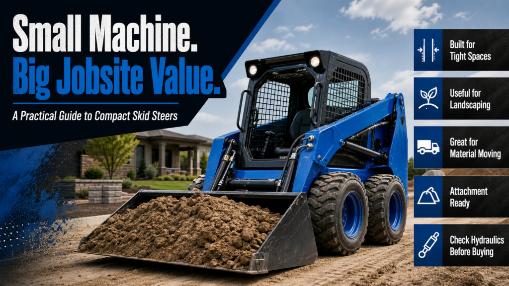 Compact skid steer guide poster showing a blue skid steer loader carrying dirt with key buying tips for landscaping and material moving